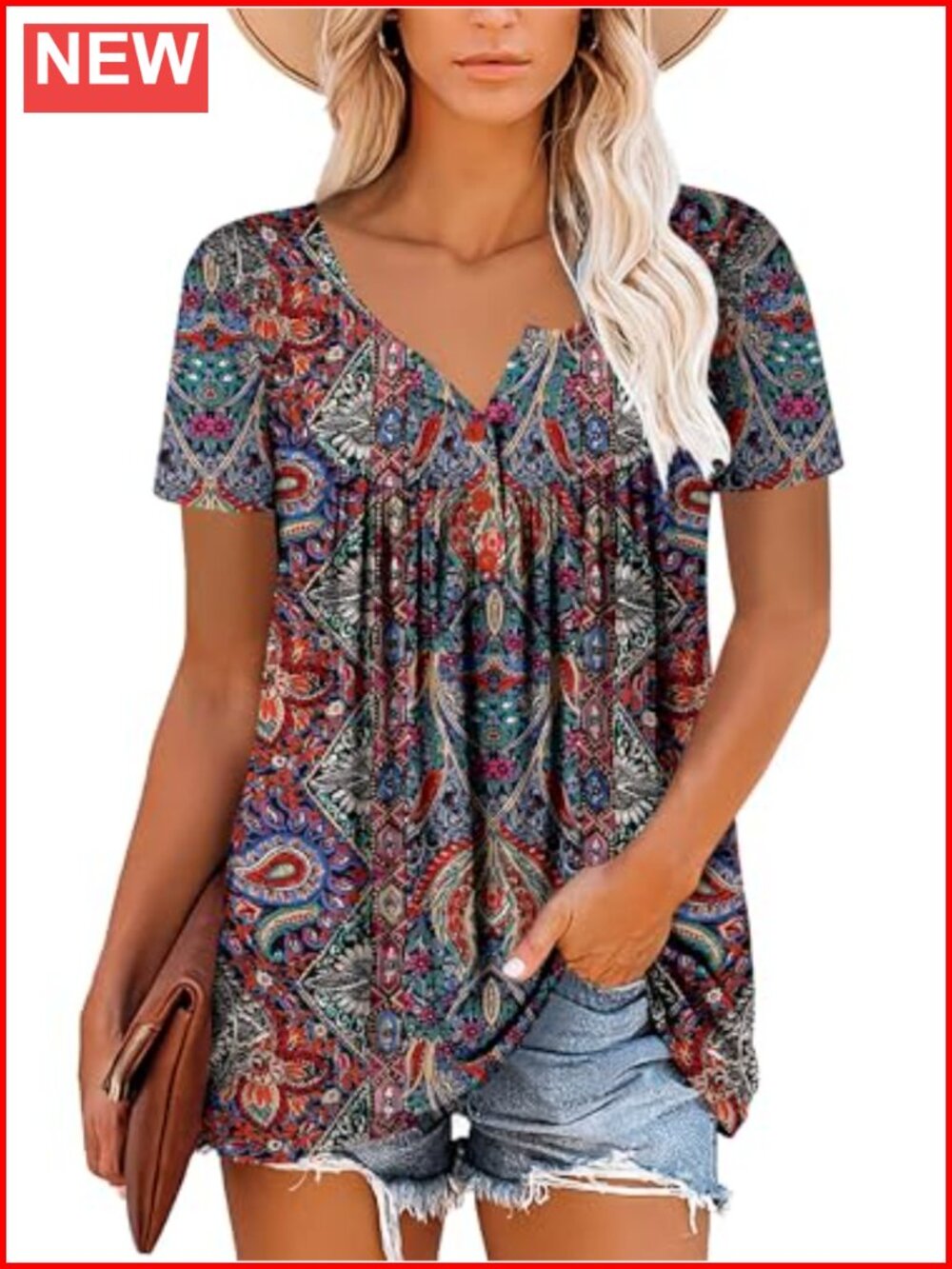 Women's Henley V-Neck Flowy Pleated Tunic Blouse Button Front